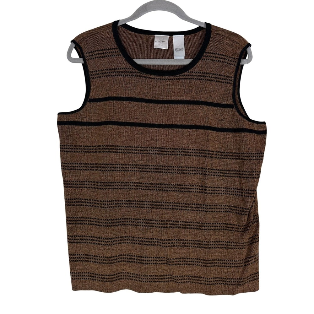 Emma James Sweater Vest Womens 1X Brown Striped Sleeveless‎ Crew Neck Pullover